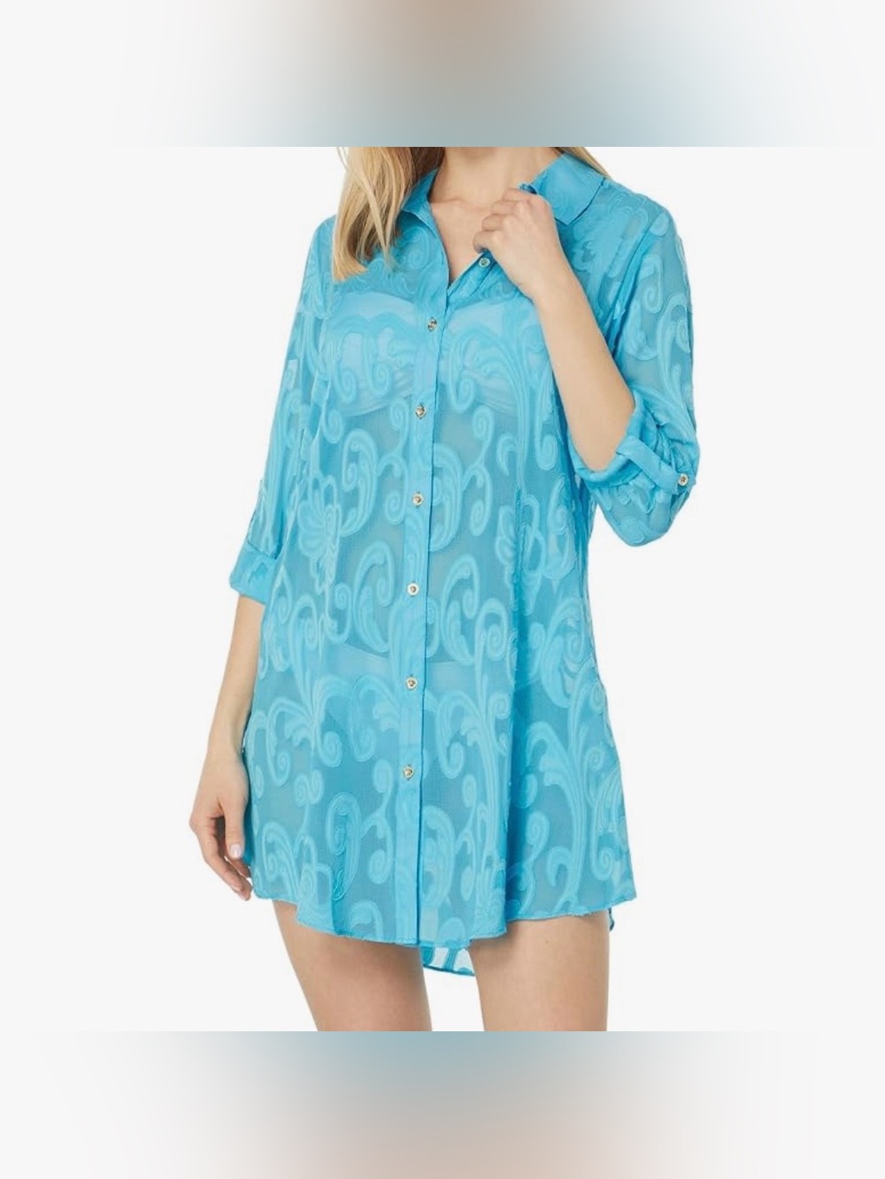 Lilly Pulitzer Natalie Shirtdress Cover-Up sheer turquoise jacquard pattern S